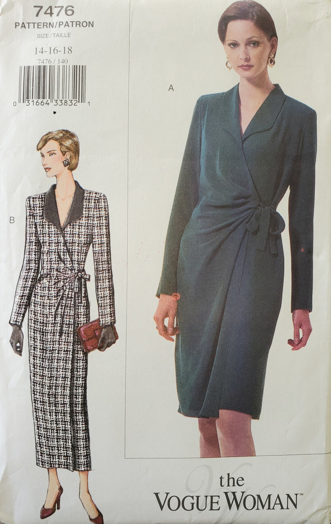 Vintage Vogue 7476 Semi-fitted Wrap Dress, Misses Size 14-16-18 – PatternZoo